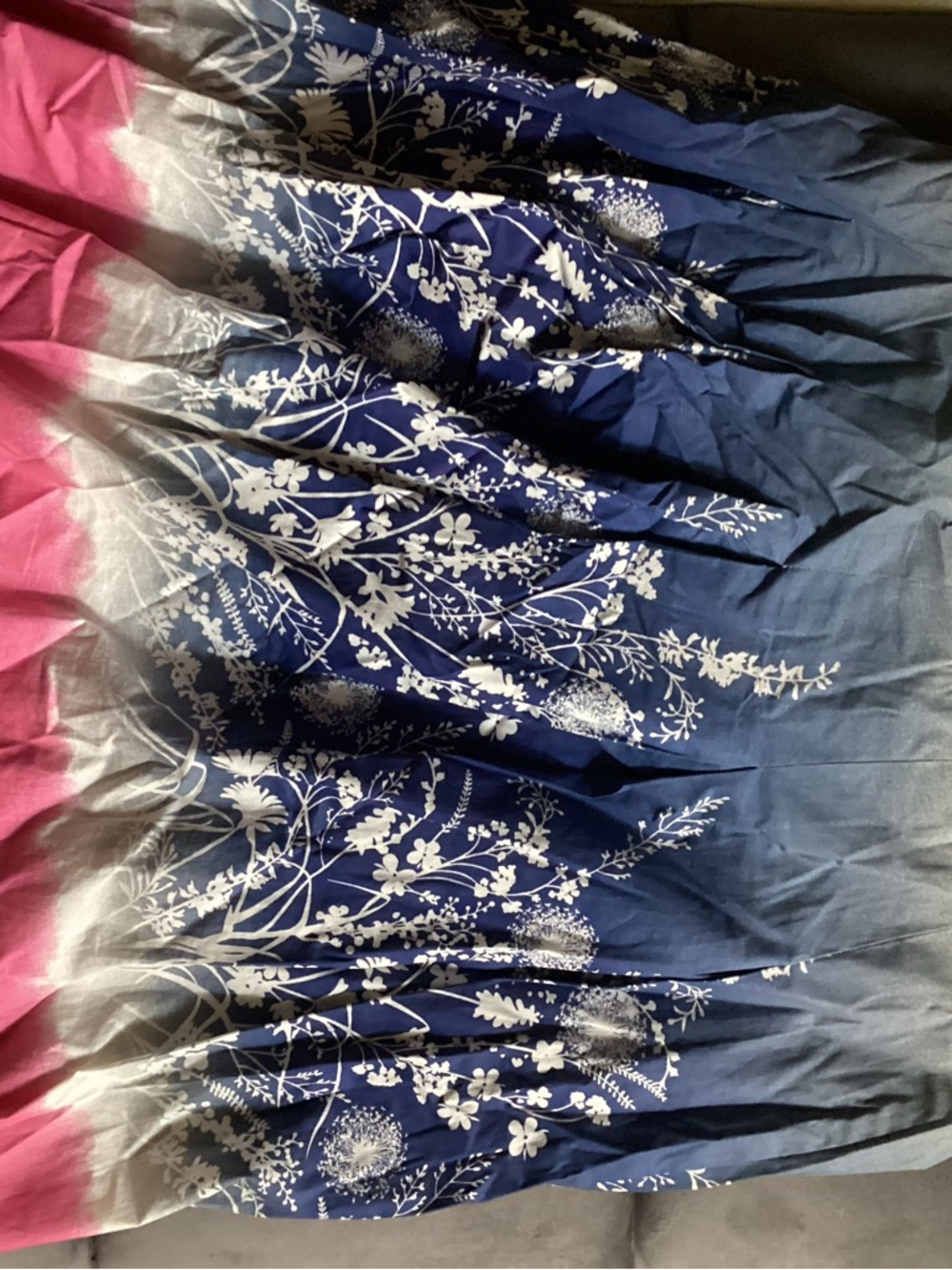 Blue & White Floral Ombre Maxi Skirt with Pink Waist